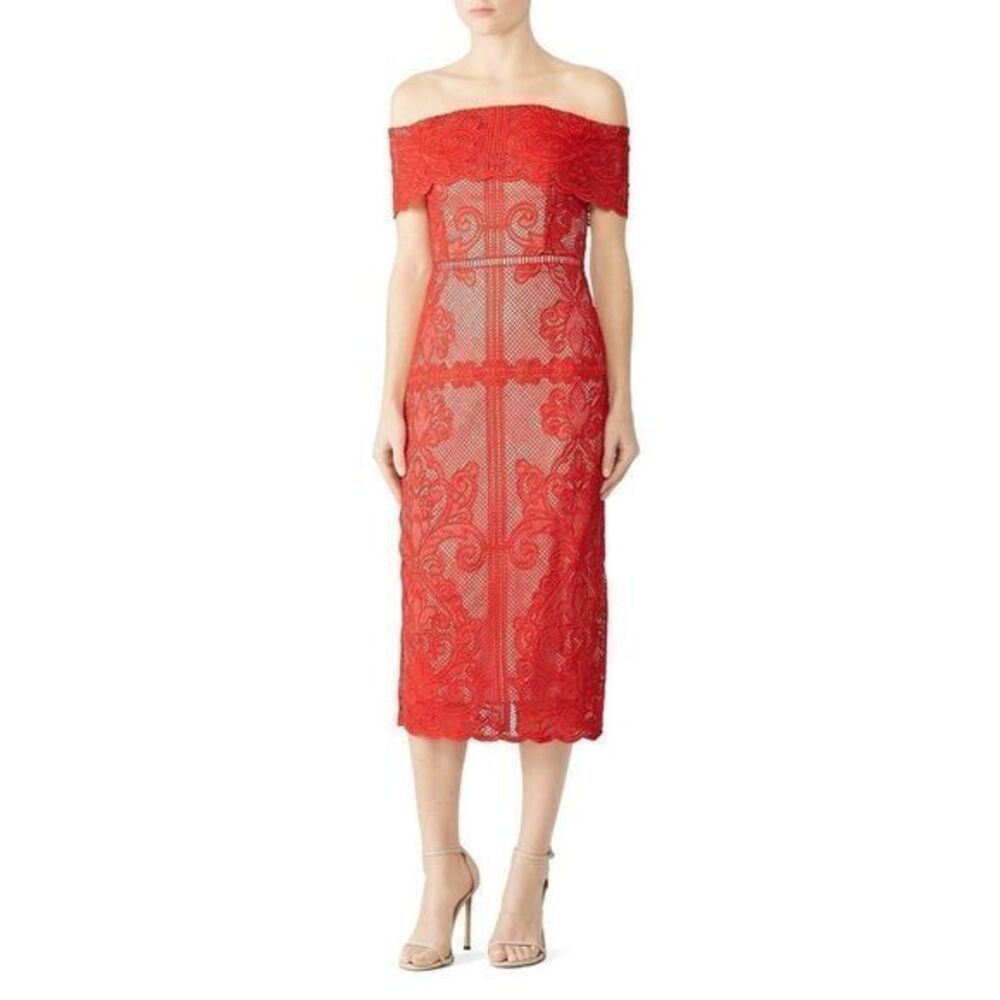 STYLESTALKER Red Lace Sheath Stella Midi Dress SMALL